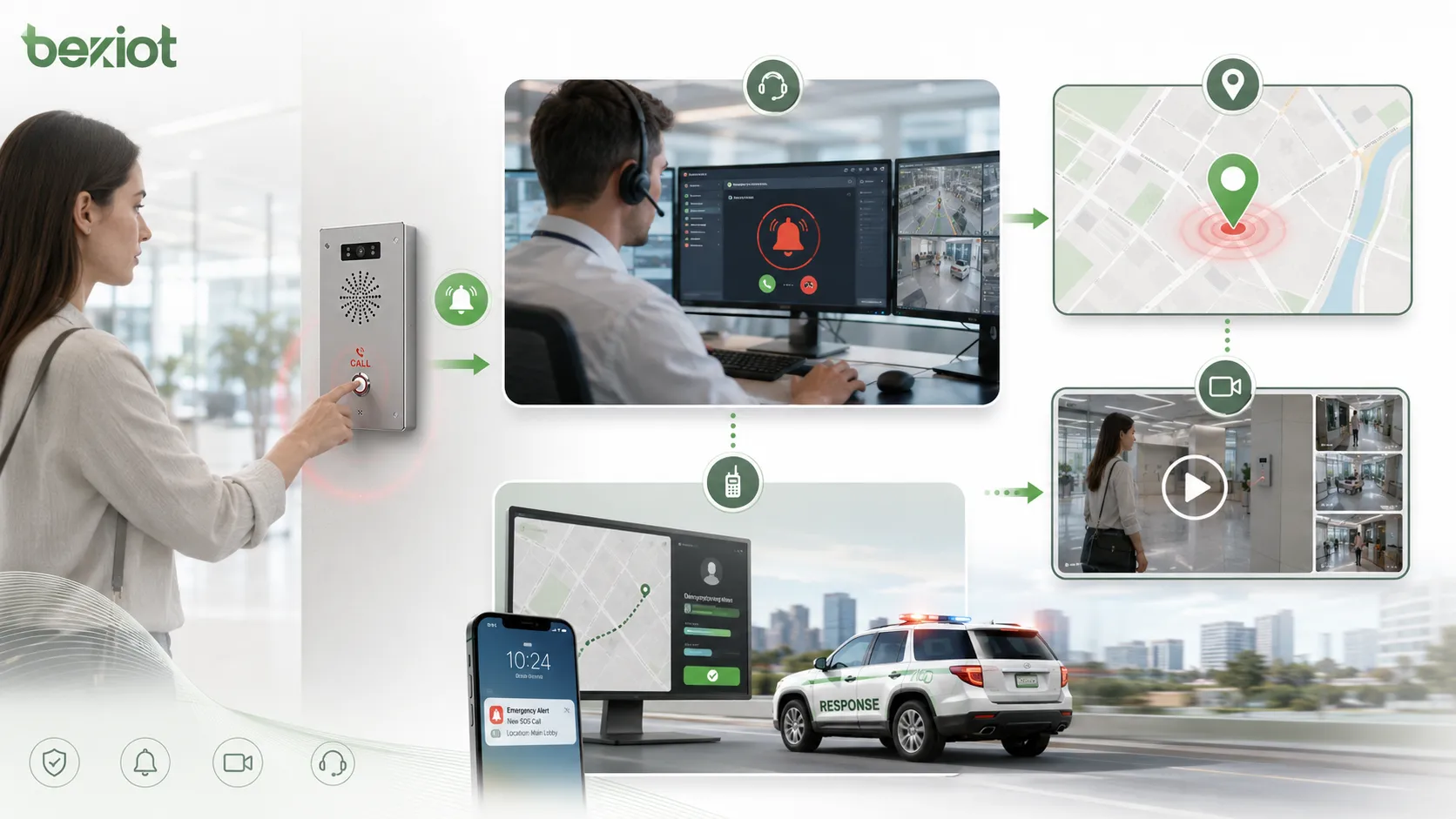 Alarm button system workflow showing emergency button trigger control room alert location identification video linkage and response dispatch