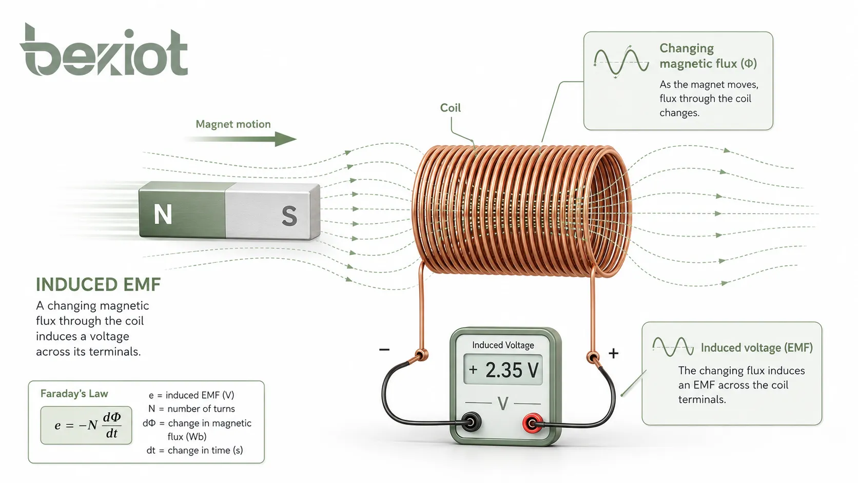 Induced EMF diagram showing a coil exposed to changing magnetic flux from a moving magnet with voltage generated across the terminals