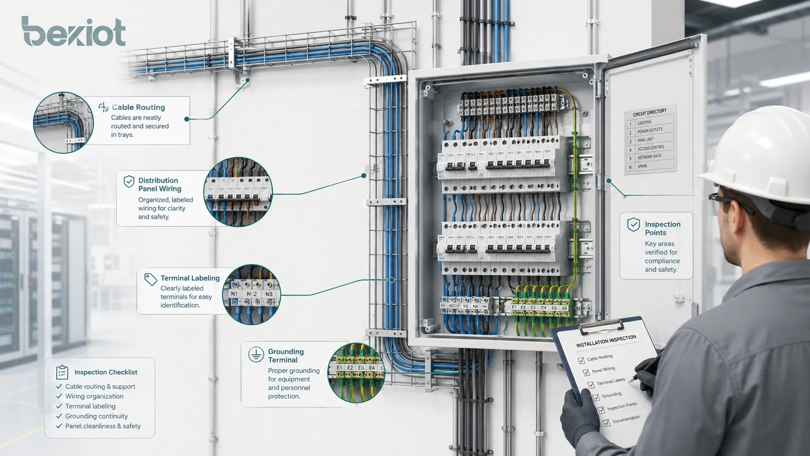 Low-voltage installation showing cable routing distribution panel wiring grounding terminal labeling and inspection points