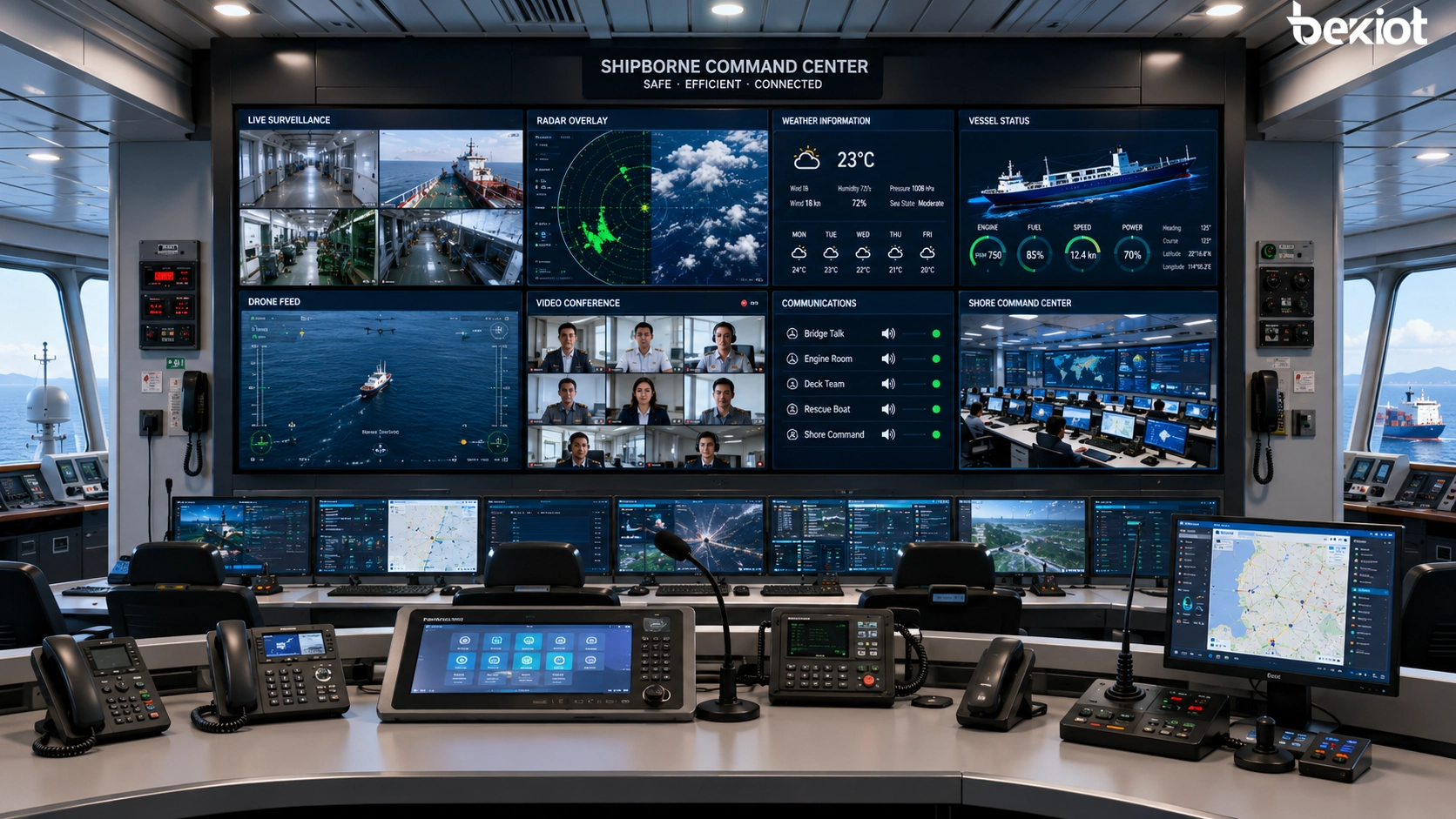 Shipborne audio-video command center connecting onboard control room SIP communication surveillance cameras radar data weather information drones satellite phone radio system and shore command center