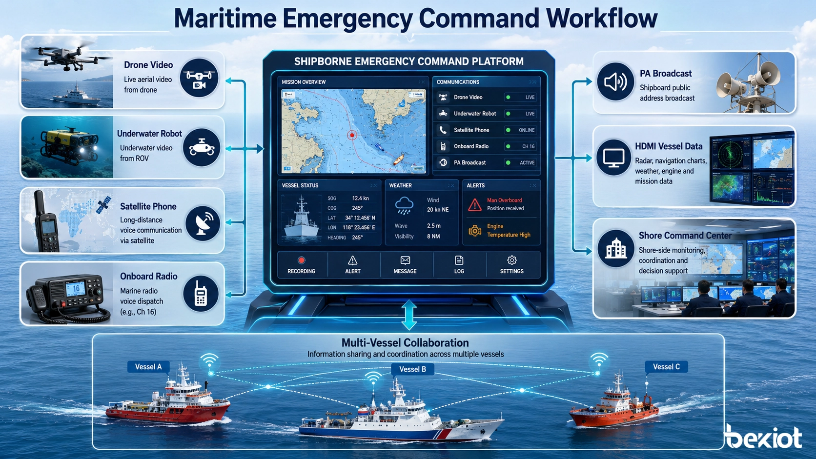 Maritime emergency command workflow connecting drone video underwater robot satellite phone onboard radio PA broadcast HDMI vessel data shore command center and multi-vessel collaboration