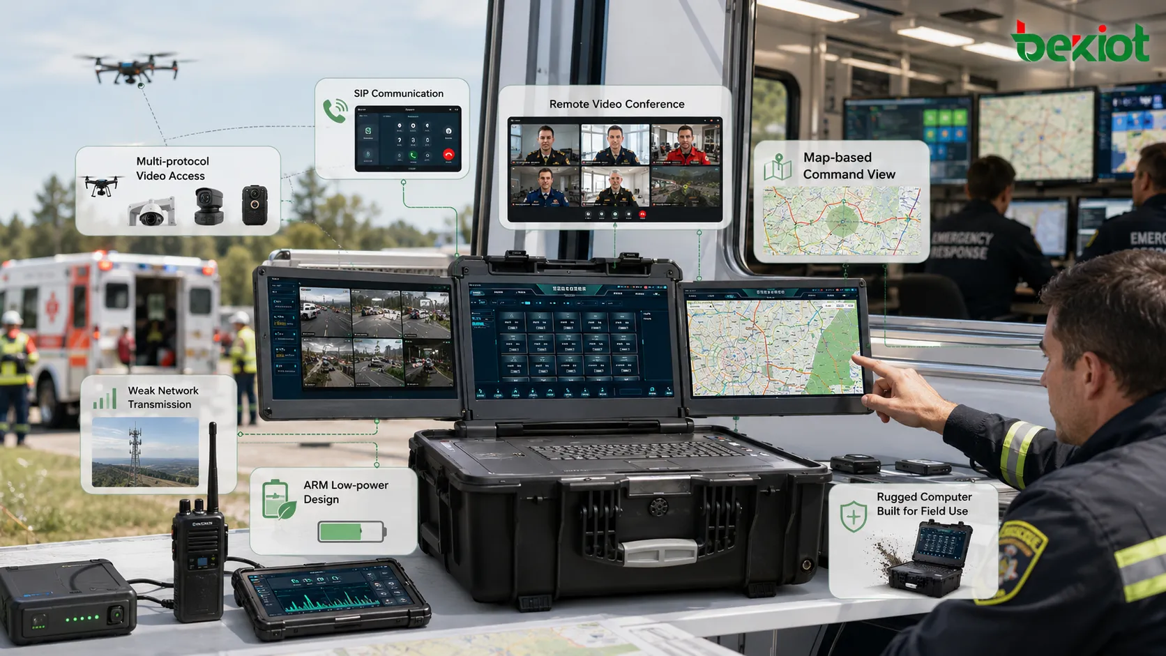 Emergency command box selection workflow comparing field requirements SIP communication video conferencing multi protocol media processing weak network transmission ARM low power design and rugged computer use