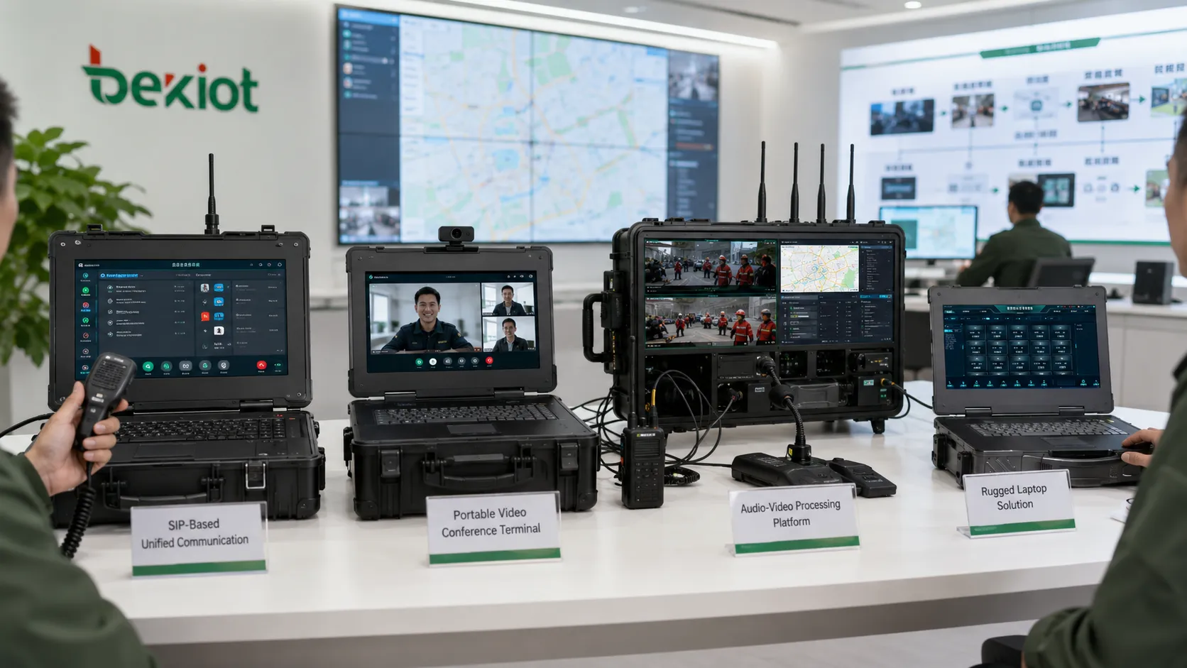 Technical comparison of emergency command box architectures showing SIP based unified communication portable video conference terminal audio video processing platform and rugged laptop solution