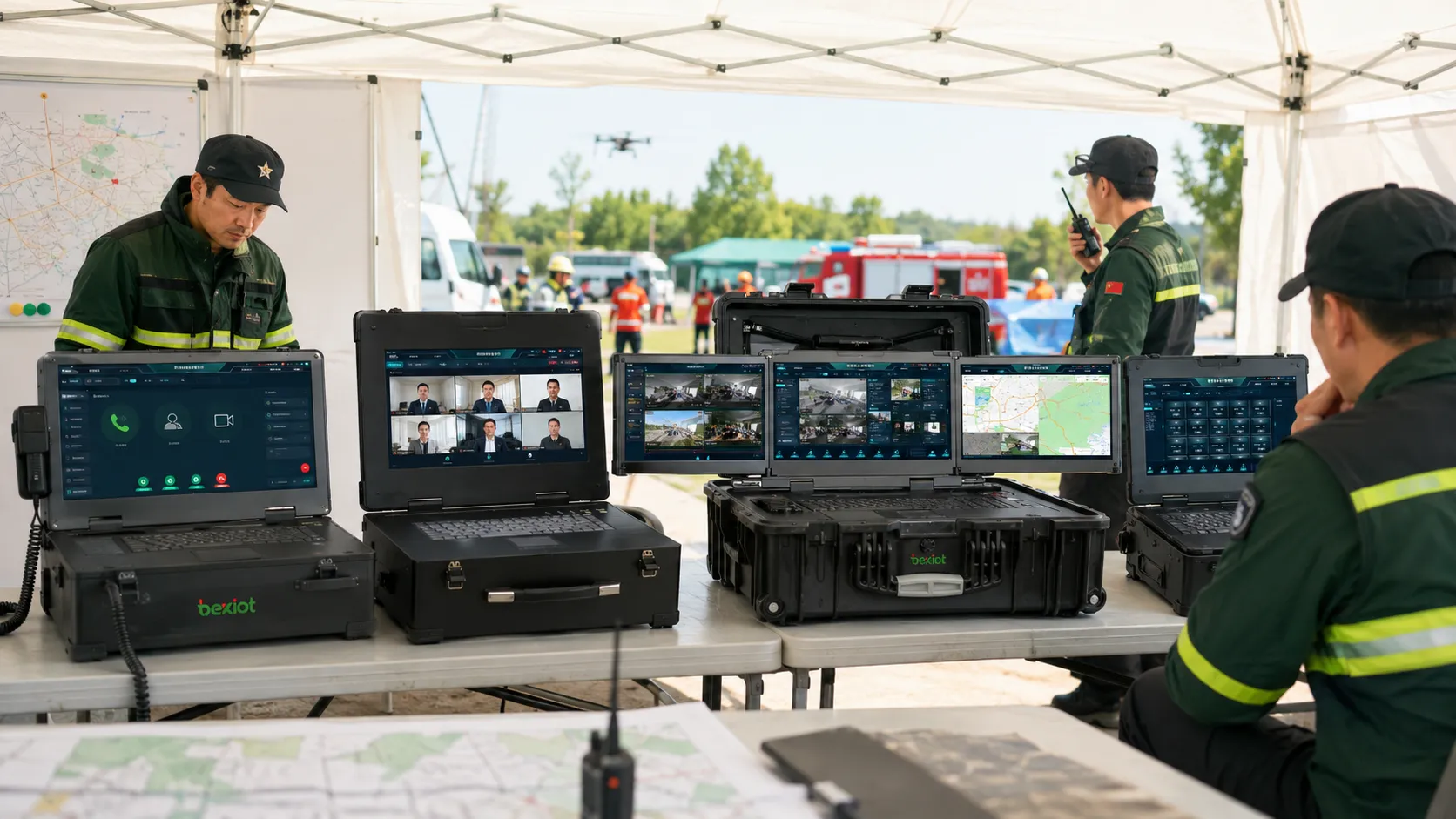 Emergency command box comparison showing unified communication box video conference terminal box audio video processing command box and rugged computer box for field emergency response