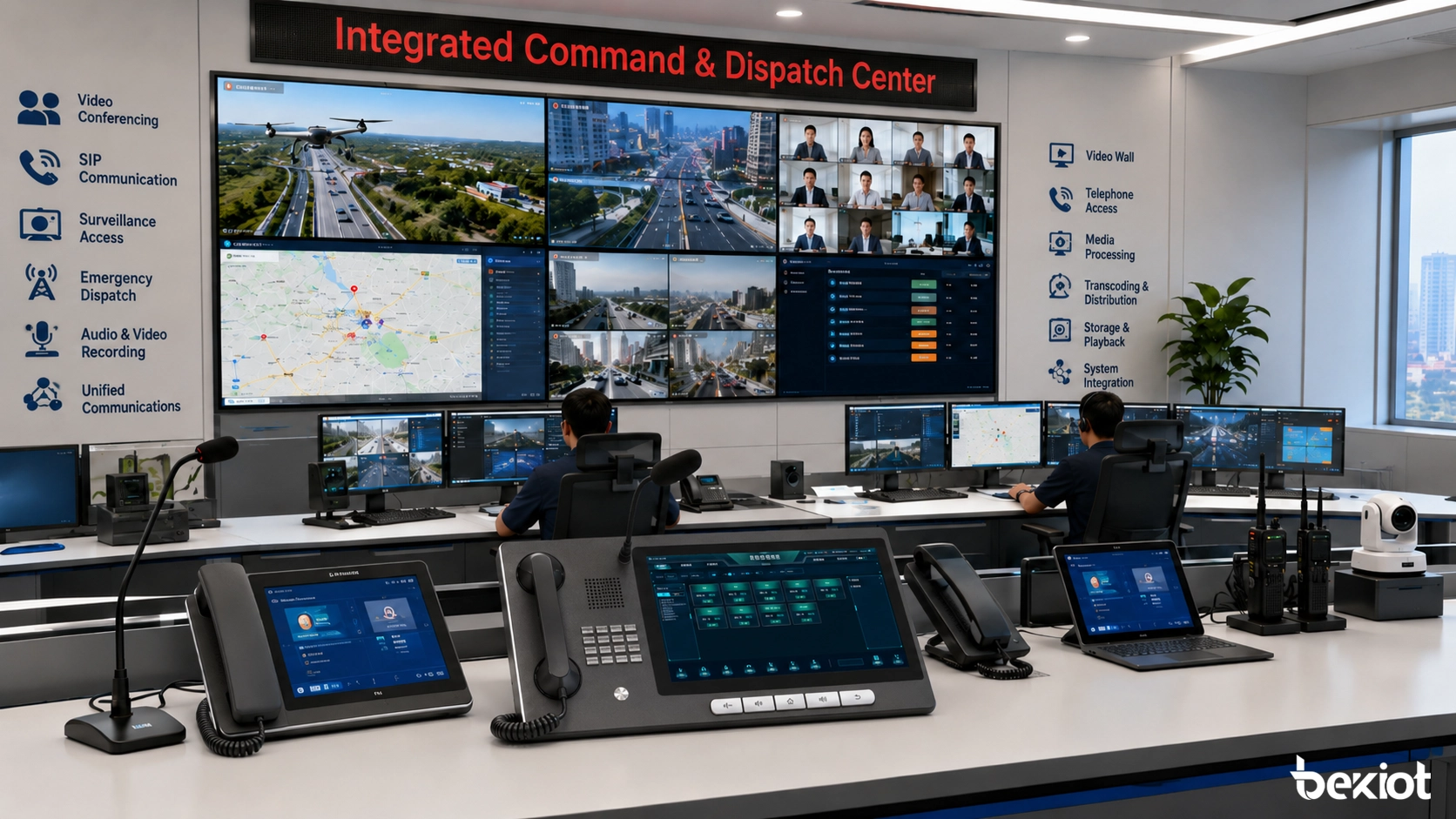 Compact command center using integrated audio video command equipment with displays dispatch console SIP phones cameras and field video sources