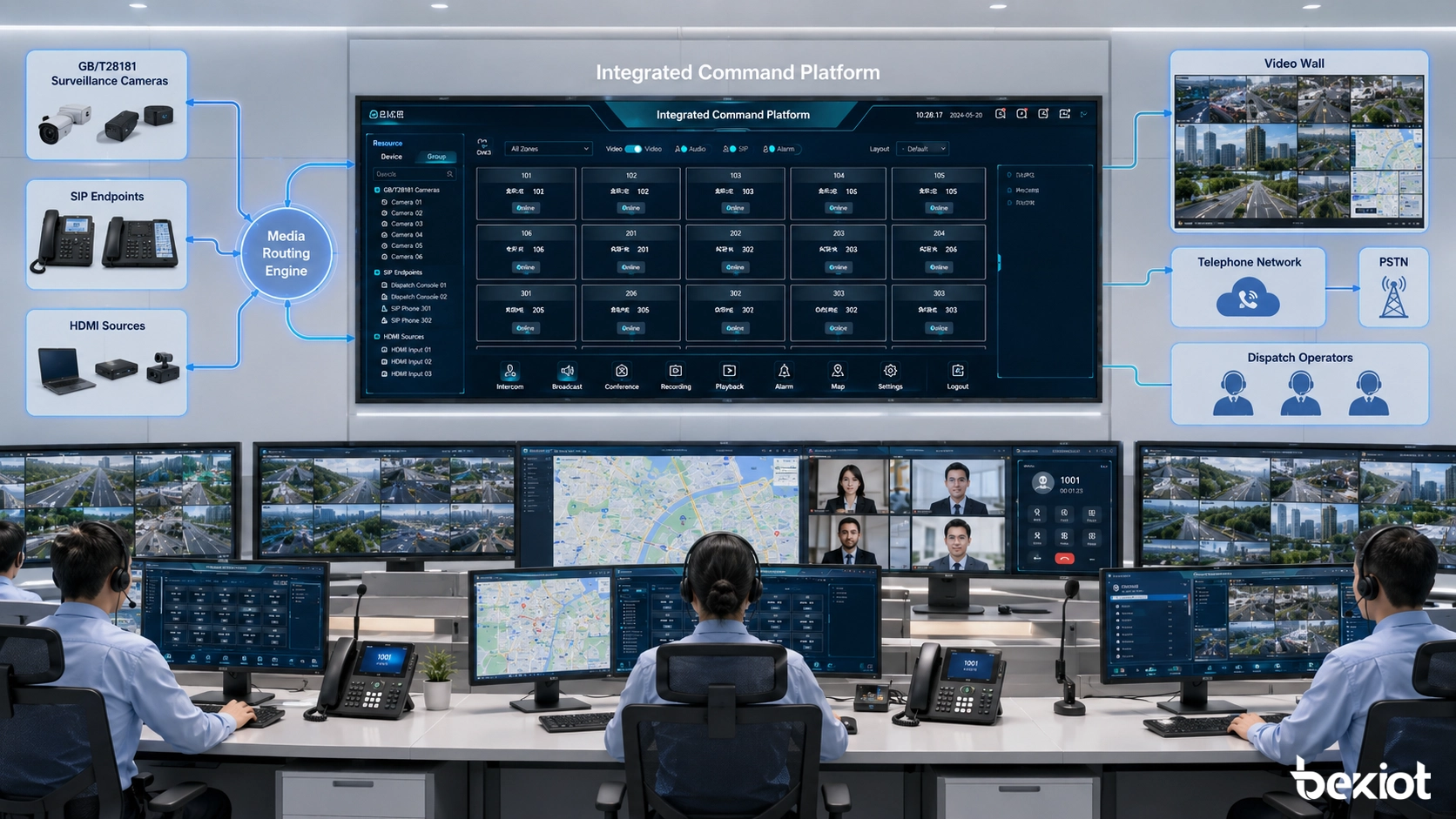 Integrated command platform connecting GB T28181 surveillance cameras SIP endpoints HDMI sources video wall telephone network and dispatch operators