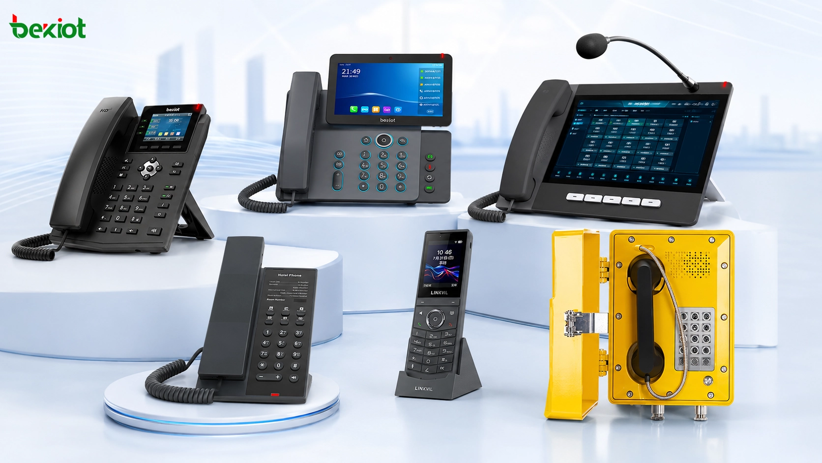 Common IP phone forms including desk phone video phone conference phone wireless handset call center phone hotel phone dispatch phone and explosion proof industrial telephone