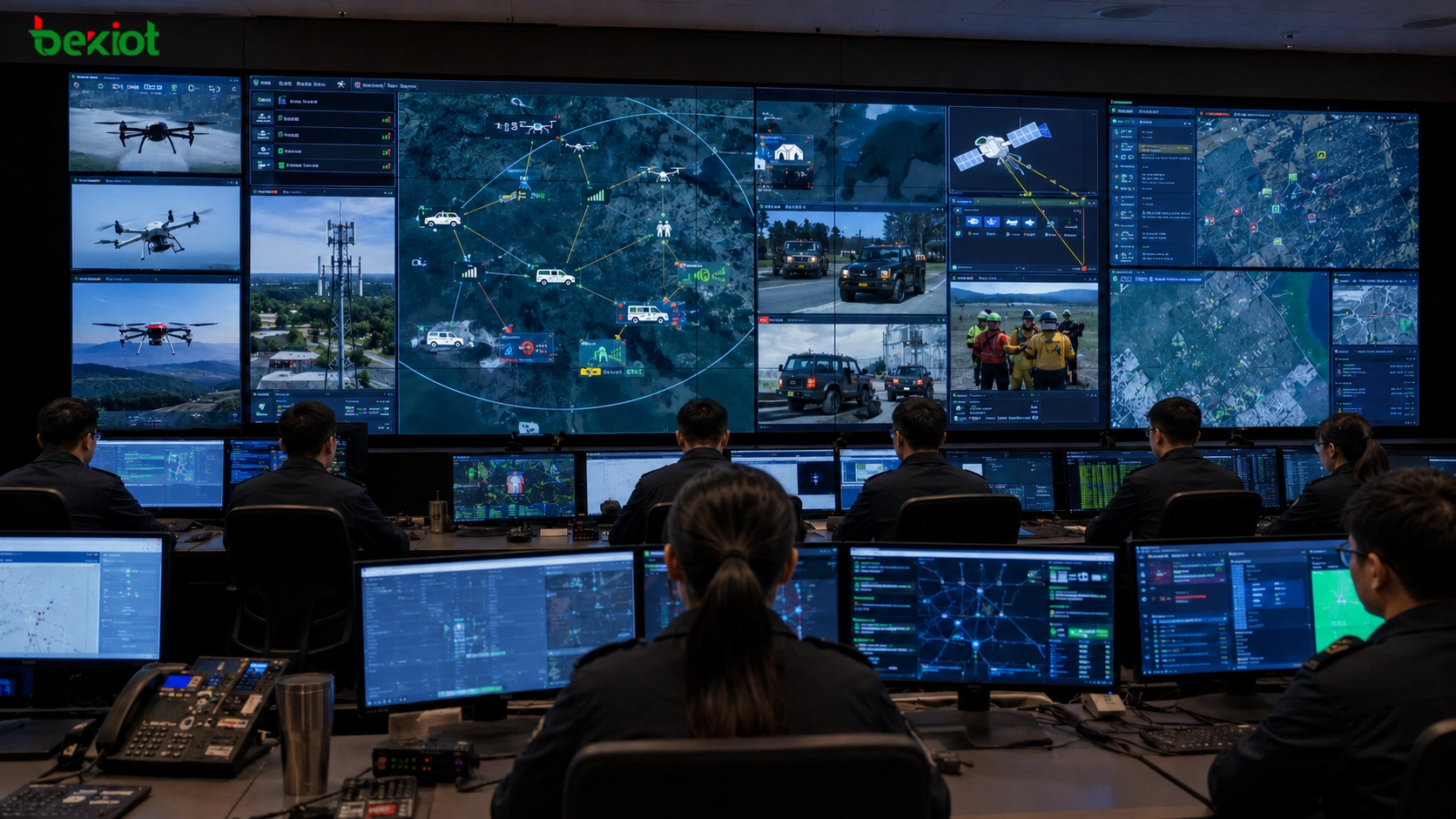 Unified emergency communication command center monitoring disaster area networks drone base stations satellite links emergency vehicles and field rescue teams