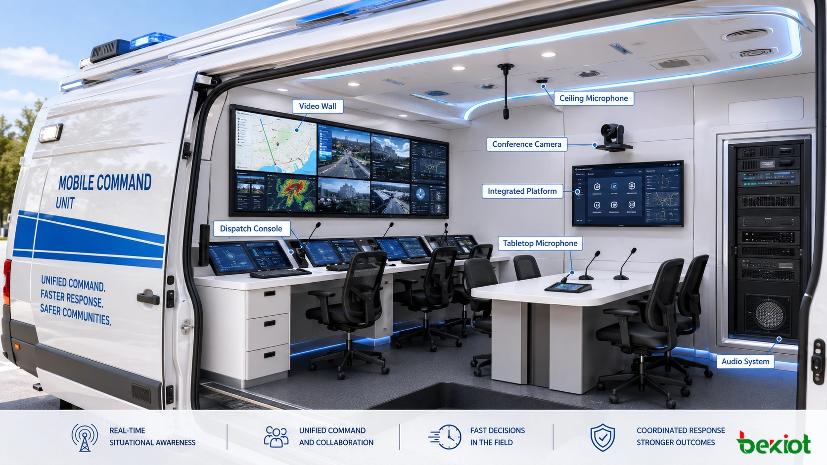 Emergency command vehicle interior with video wall dispatch console conference camera microphone audio system and integrated command platform