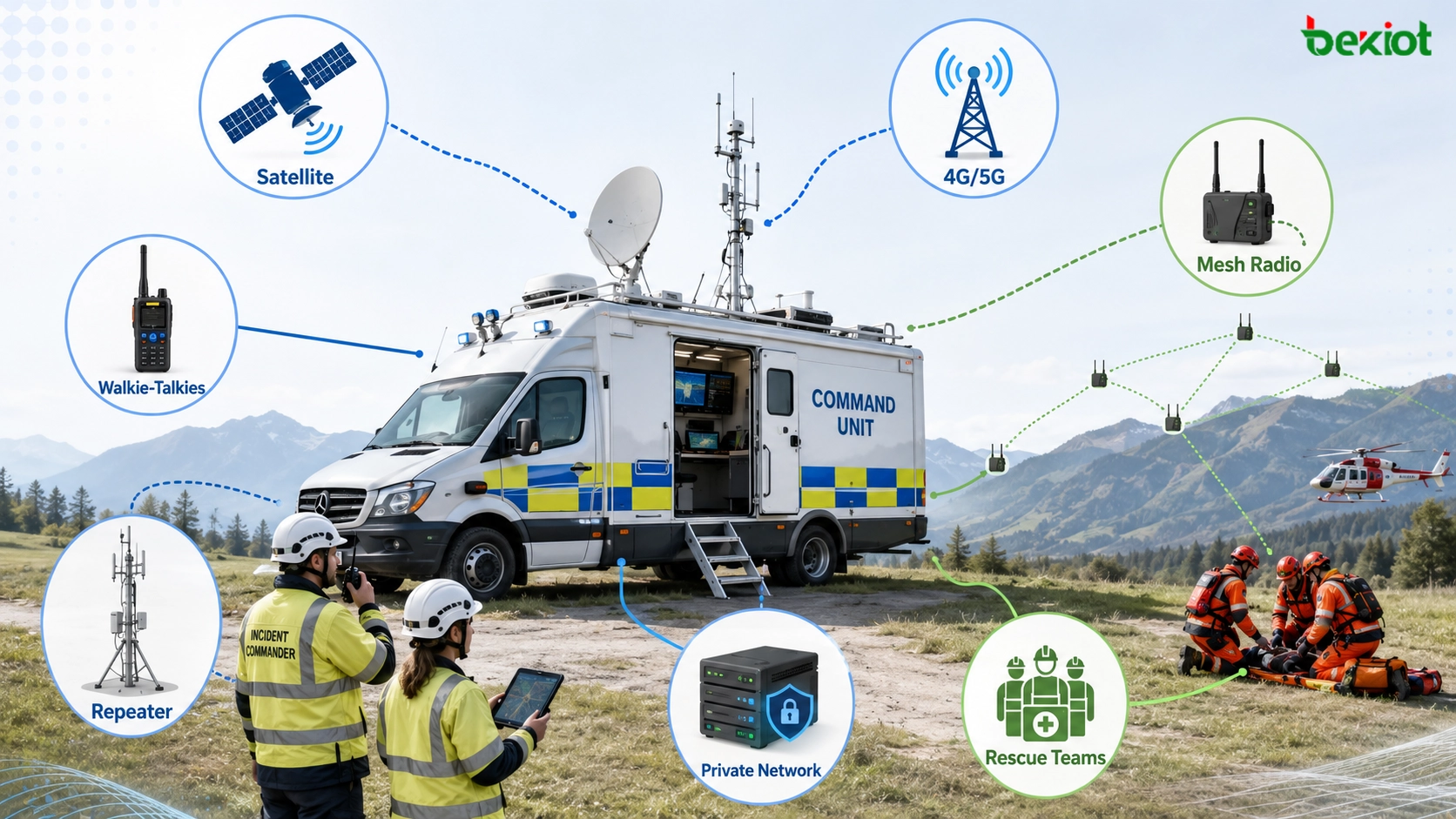 Emergency command vehicle connecting satellite link 5G bonding router broadband mesh radio walkie-talkies and field rescue teams