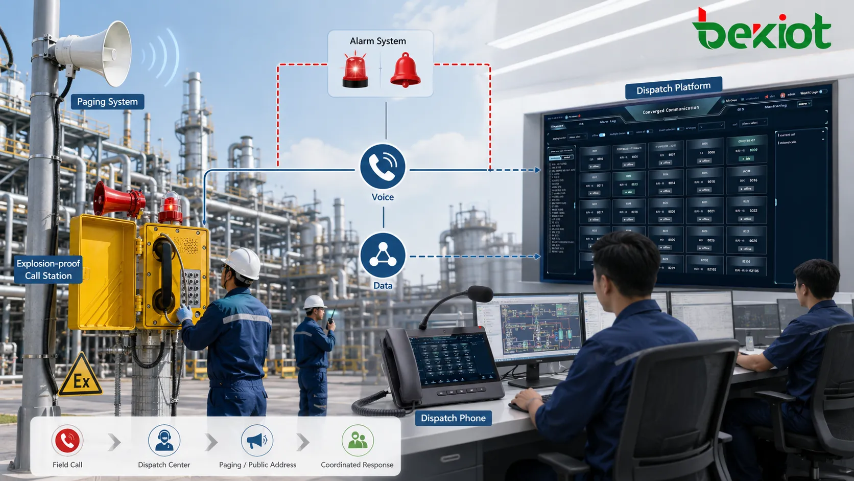 Explosion-proof call station connecting field workers control room dispatch platform alarm system and paging system in a chemical plant