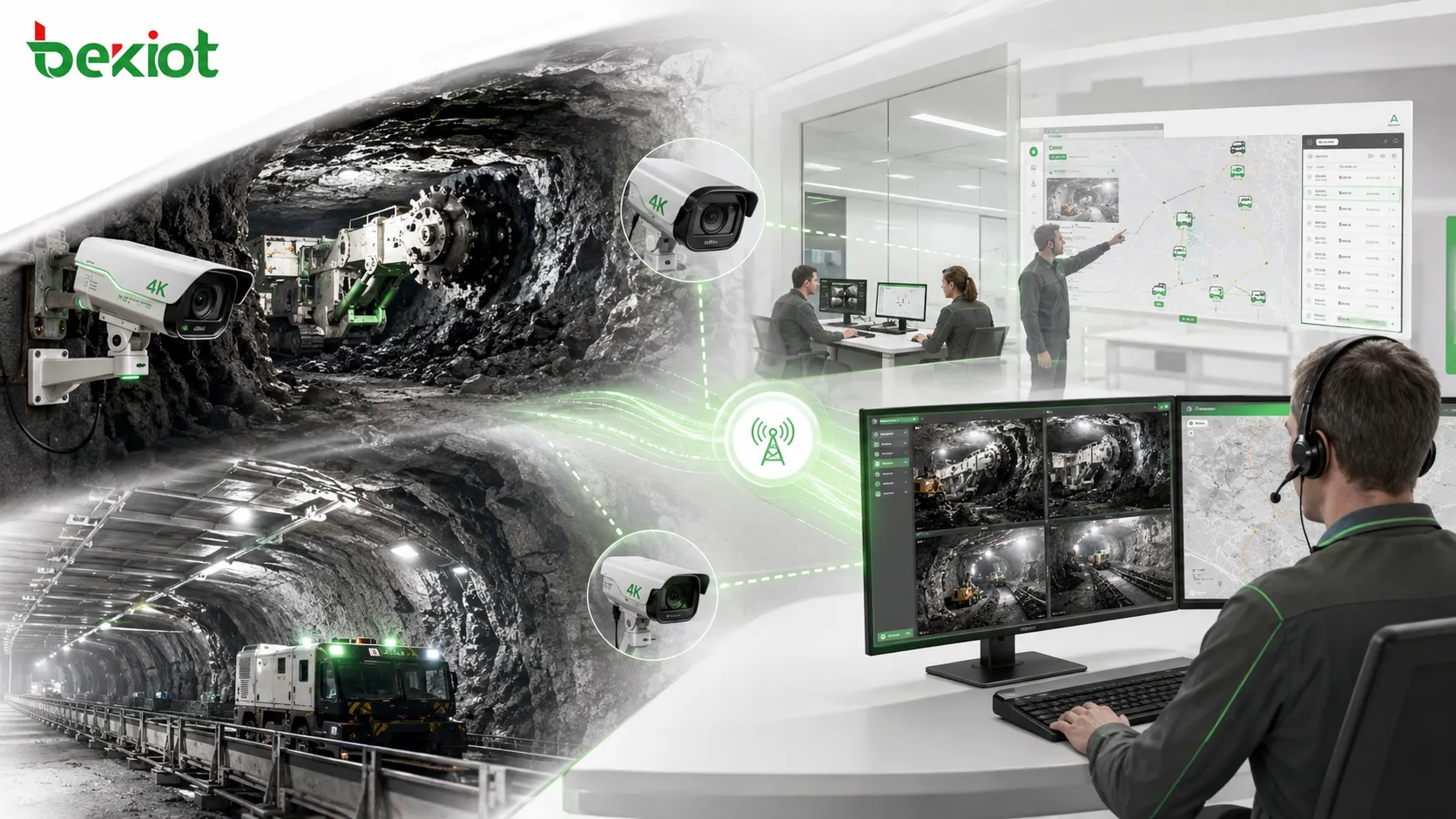 Coal mine video and dispatch integration showing underground 4K cameras working face roadway control room and dispatch platform