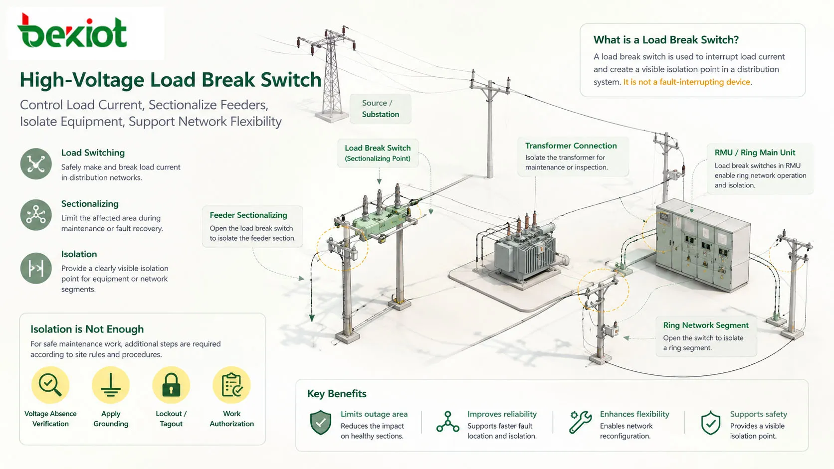 High-voltage load break switch in a distribution network showing feeder sectionalizing transformer connection ring main unit and isolation function