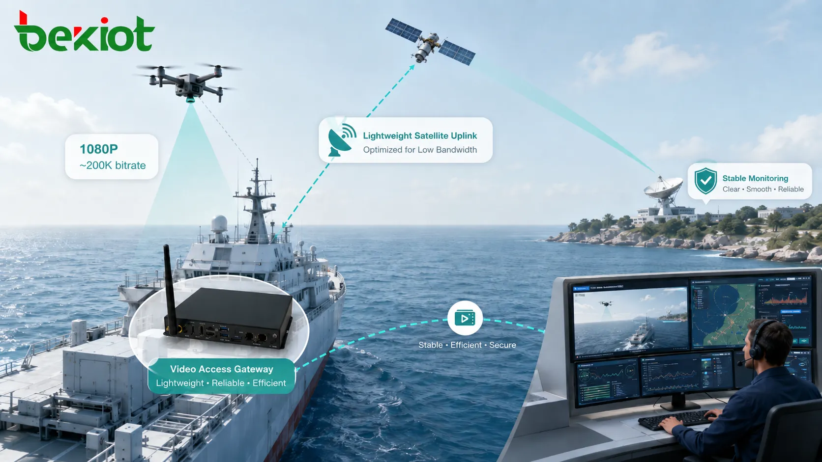 Shipboard video access gateway integrating surveillance cameras video conferencing drone underwater robot satellite link and shore command center