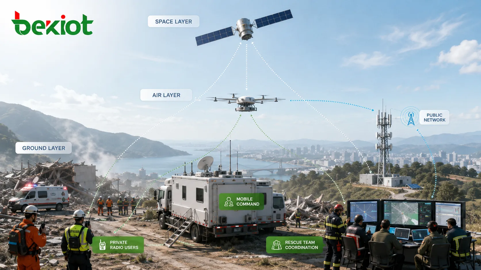 Space air ground emergency communication network showing satellite link drone airborne base station ground command vehicle public network private radio and rescue team coordination