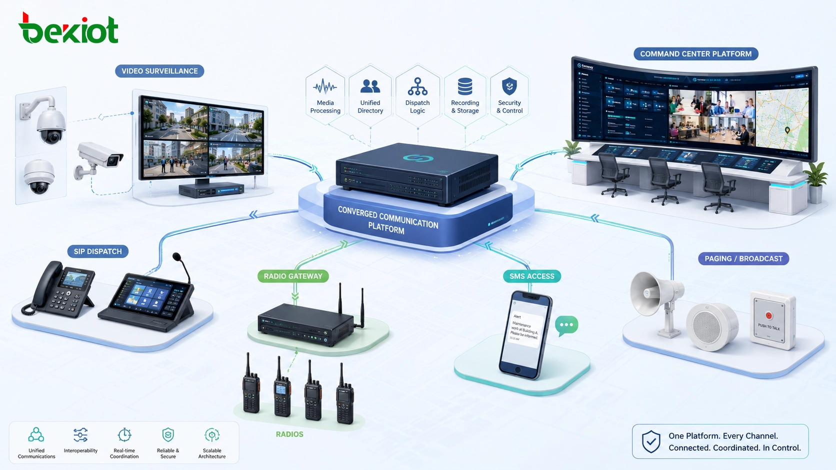 Converged communication system integrating video surveillance SIP dispatch radio gateway SMS access paging and command center platform
