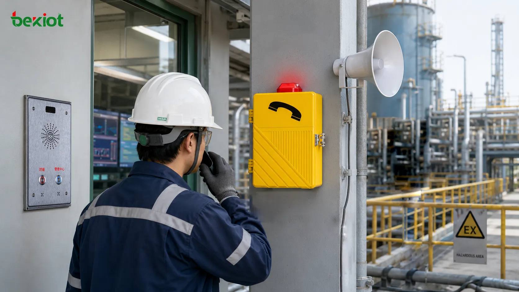 Explosion-proof amplified intercom installed in hazardous industrial area for field worker communication and control room response