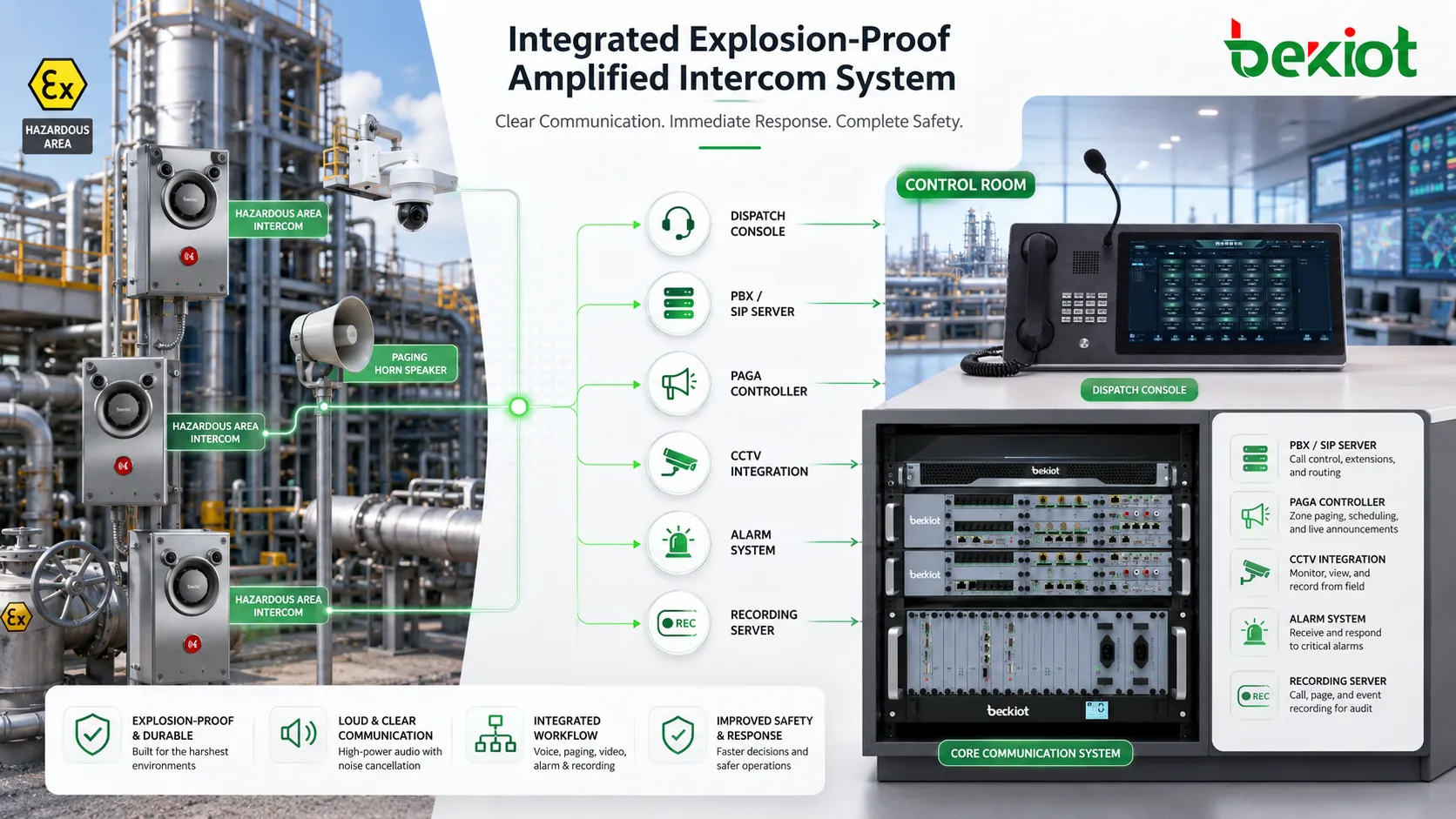 Integrated explosion-proof amplified intercom system connected with dispatch console PAGA controller CCTV alarm linkage and recording server
