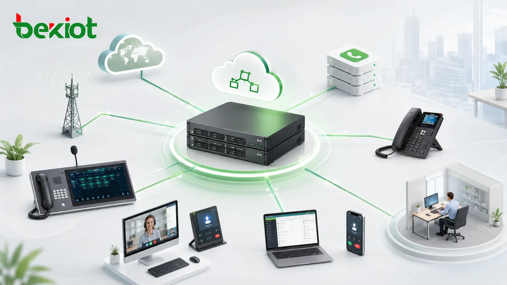Public network intercom server connected with SIP trunk IPPBX smart mobile terminals IP phones and external phone network