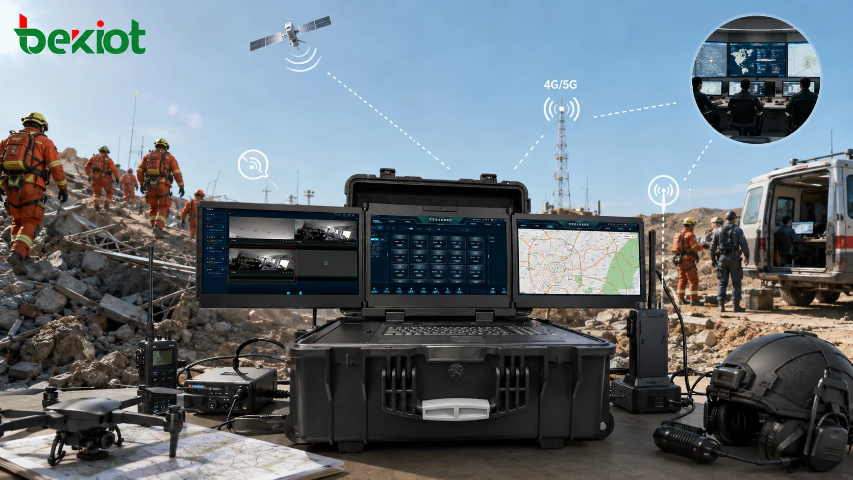 Portable emergency command box connecting rescue teams satellite link 4G 5G mesh radio intercom and rear command center