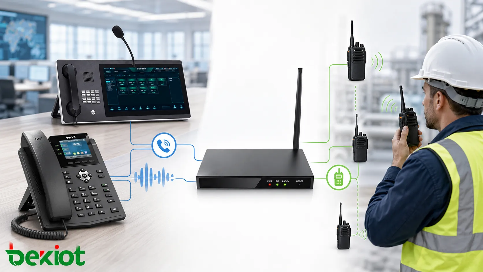 Full duplex phone system and half duplex two way radio network connected through RoIP gateway for voice interoperability