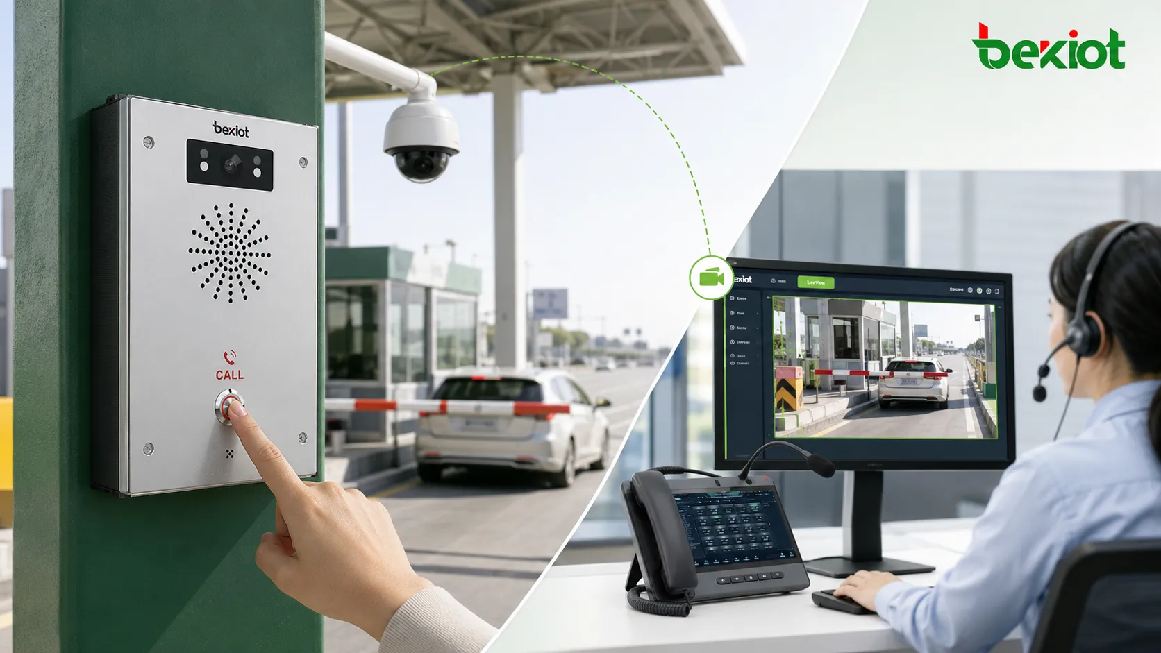 Highway toll station one-touch SIP intercom automatically linking nearby surveillance camera video to dispatch console