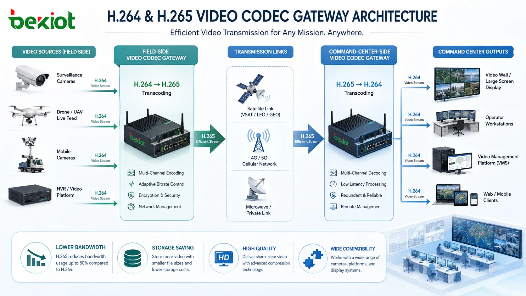 H264 and H265 video codec gateway architecture for cameras drones satellite links and command center display systems
