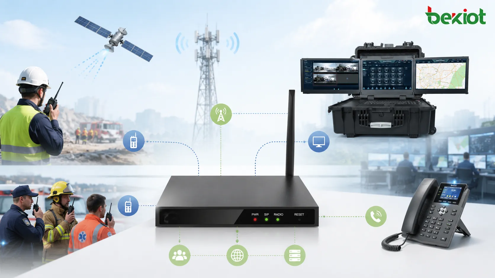 On-site emergency command system connecting field radios 4G networks satellite phones dispatch center and mobile command units