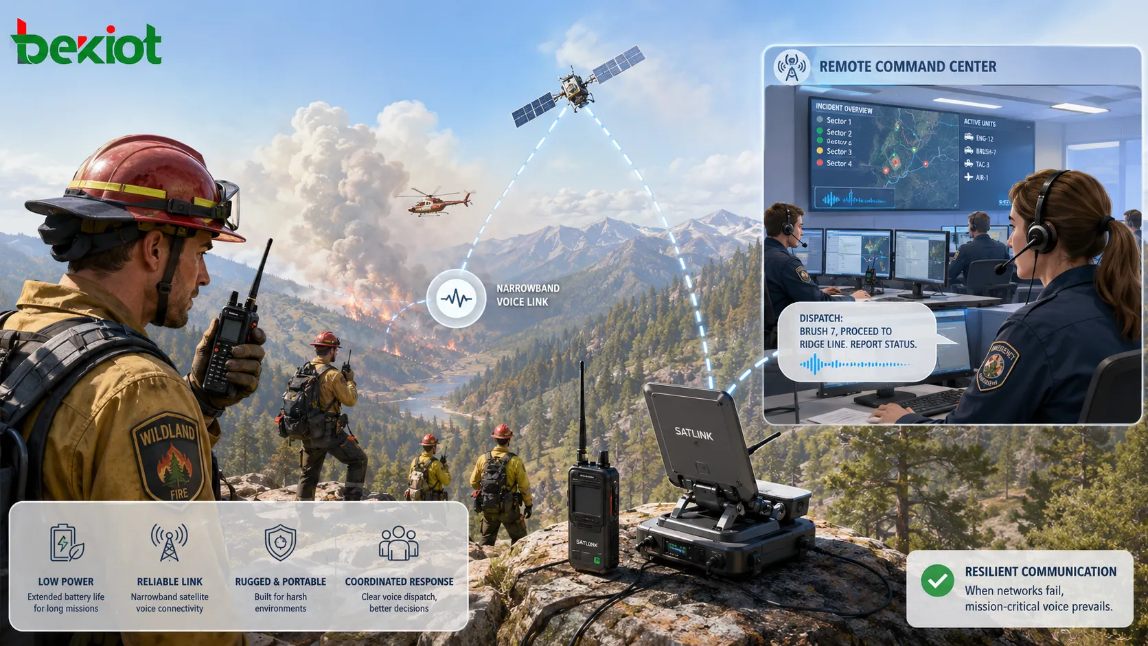 Forest fire emergency response using handheld radios satellite phone link and command center voice dispatch