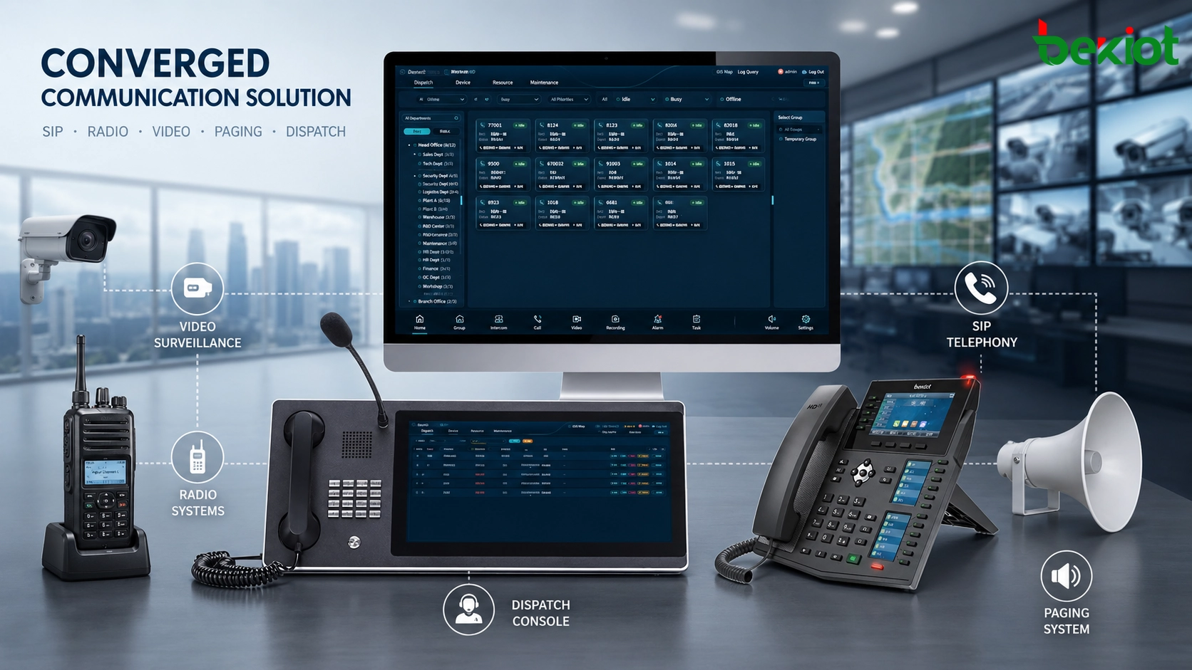 Converged communication solution connecting SIP phones radio systems video surveillance paging and dispatch platform