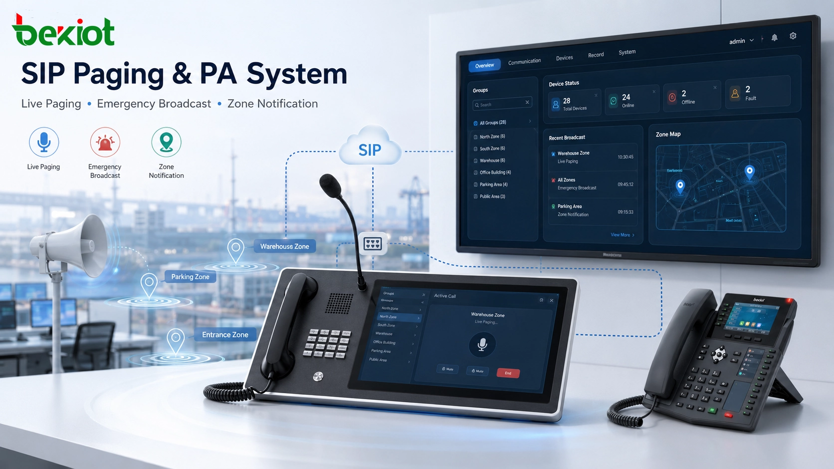 SIP paging and public address system connected with dispatch console IP phones and emergency communication platform
