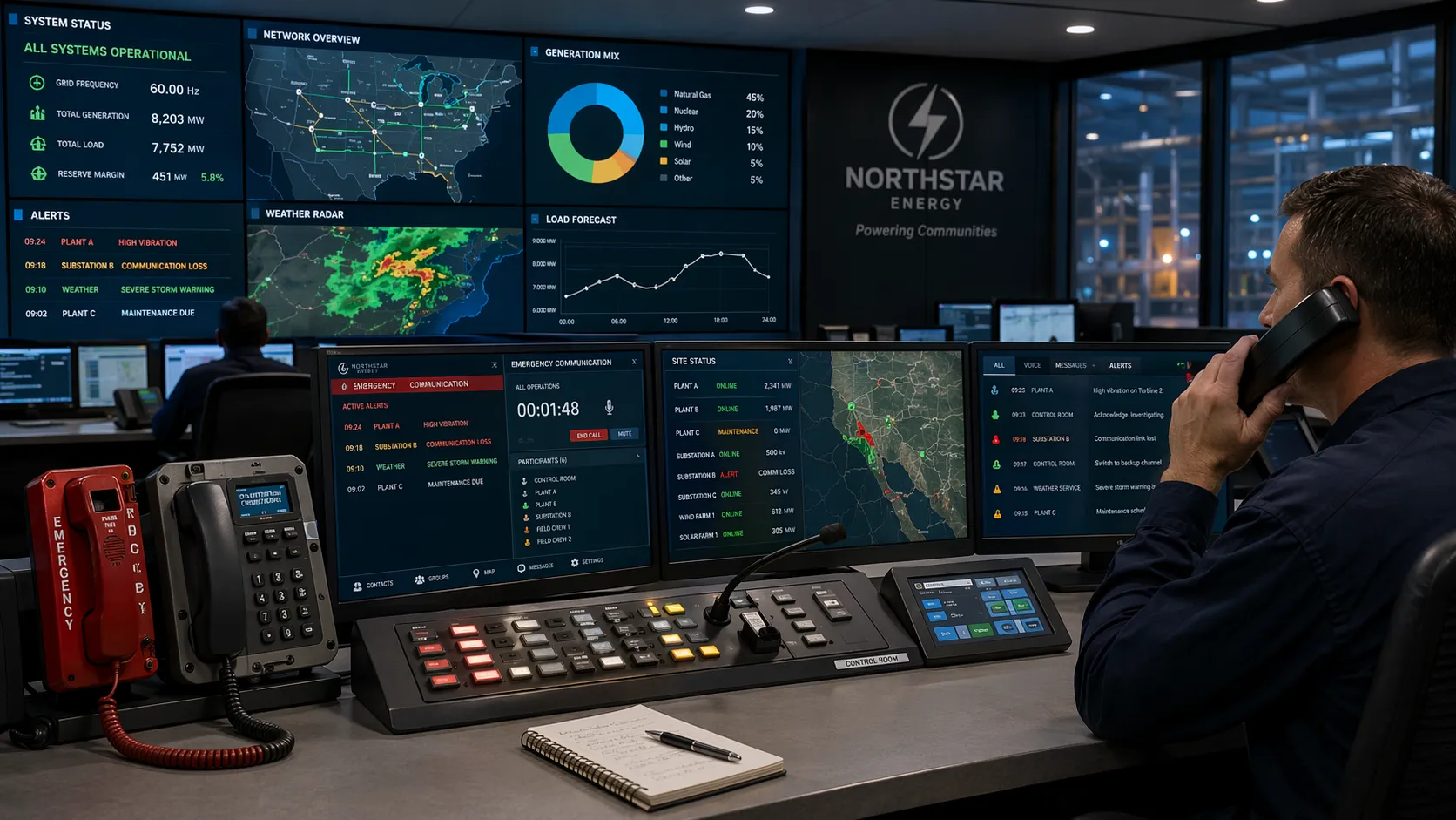 Energy control room using industrial telephones, dispatch console, and emergency communication software for multi-site coordination