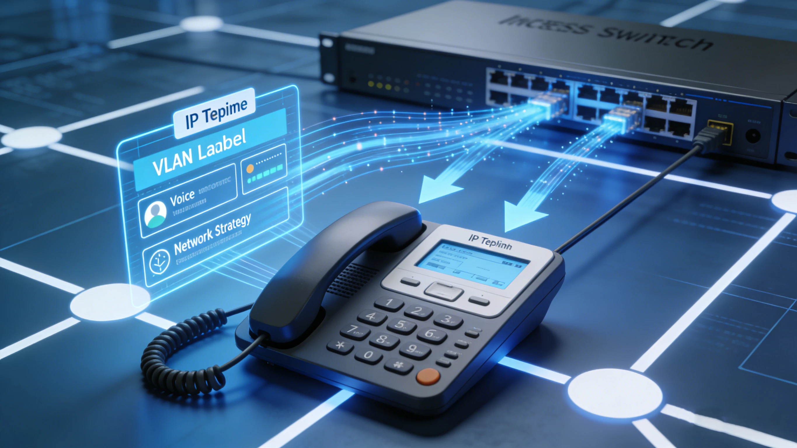 An IP phone connected to a managed PoE switch learning voice VLAN and QoS policy through LLDP-MED during startup