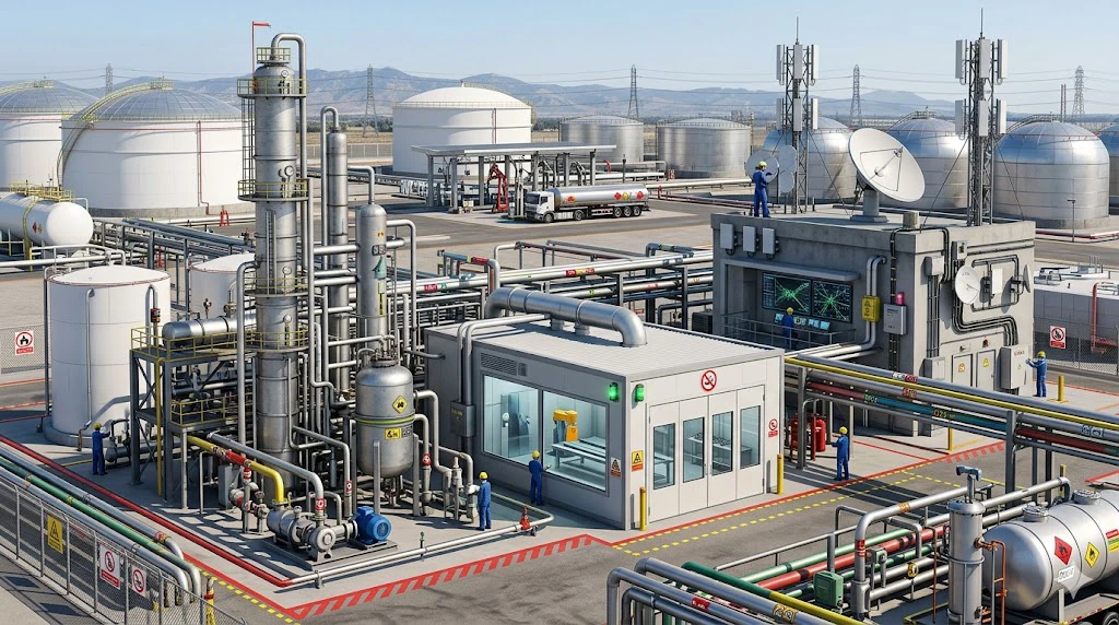 Hazardous area classification example showing graded gas and vapor zones around industrial process equipment
