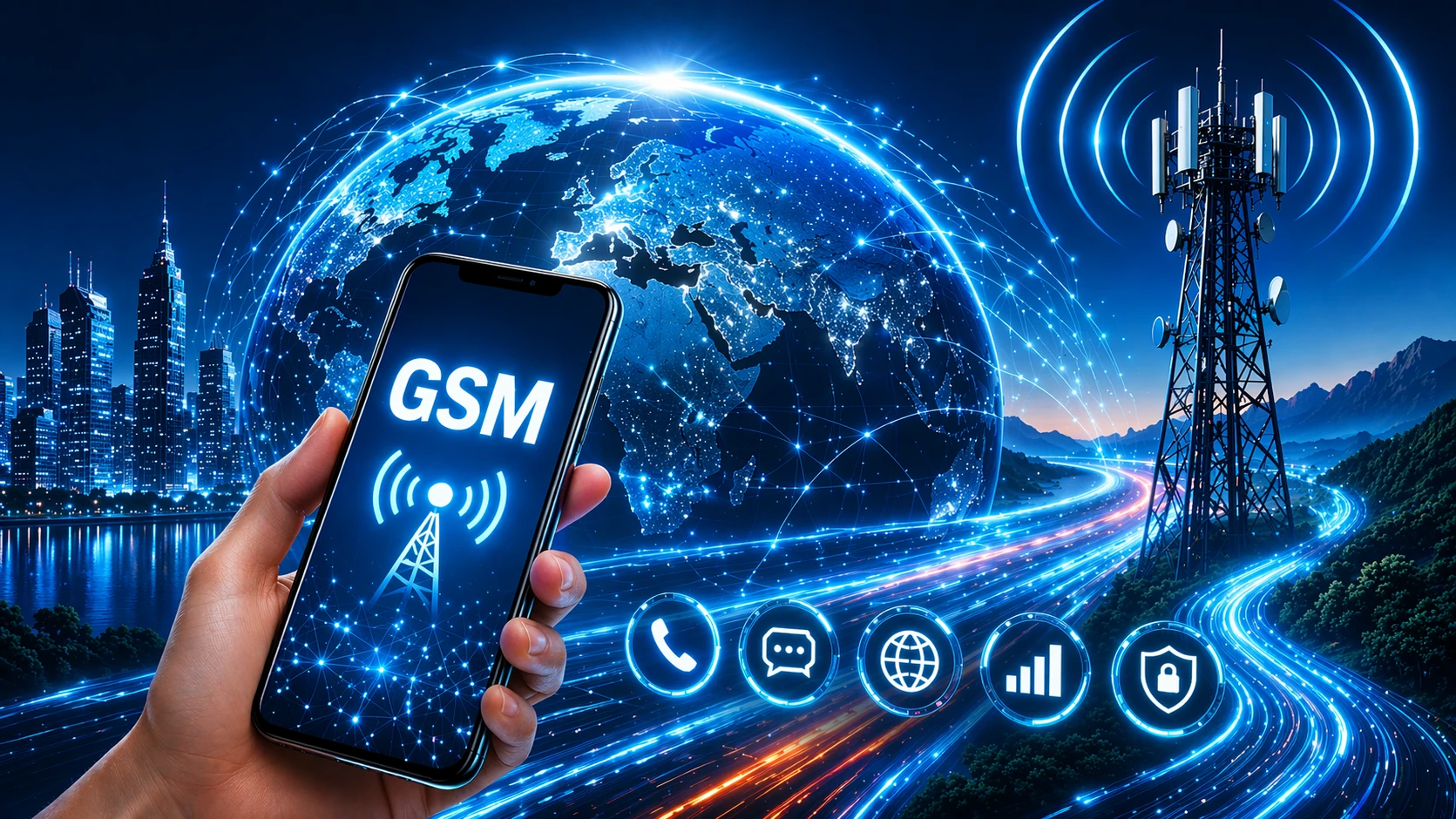 GSM communication network showing mobile phones, base stations, switching core, SIM identity, SMS, voice service, and packet data connection