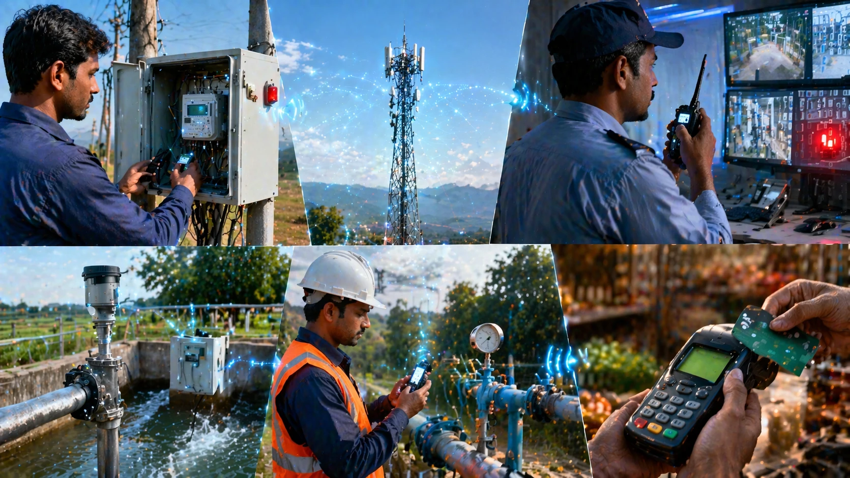 GSM mobile communication application scenarios including mobile phones, remote monitoring, alarm reporting, payment terminals, and industrial field devices