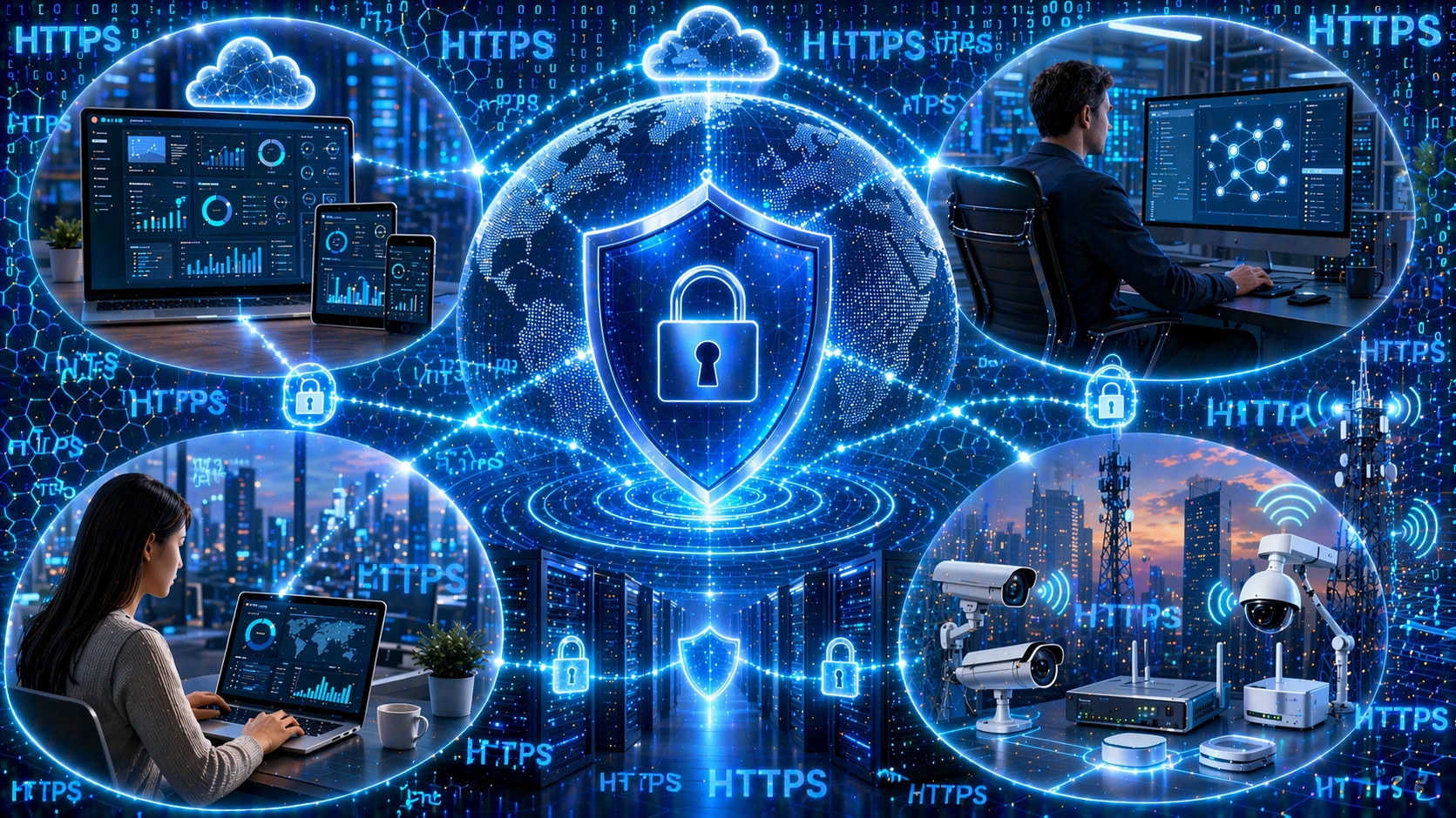 Engineers using HTTPS to securely manage network equipment, industrial gateways, and cloud-connected devices through a web interface