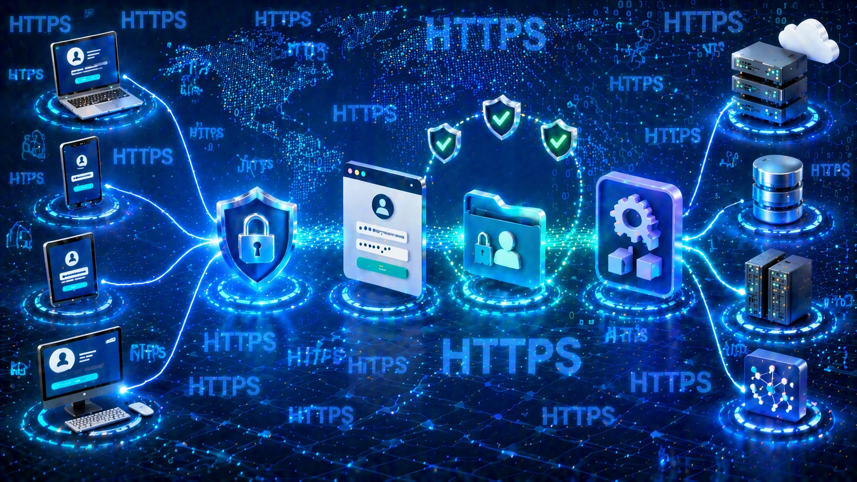 HTTPS protecting login pages, management sessions, secure cookies, API calls, and web application access