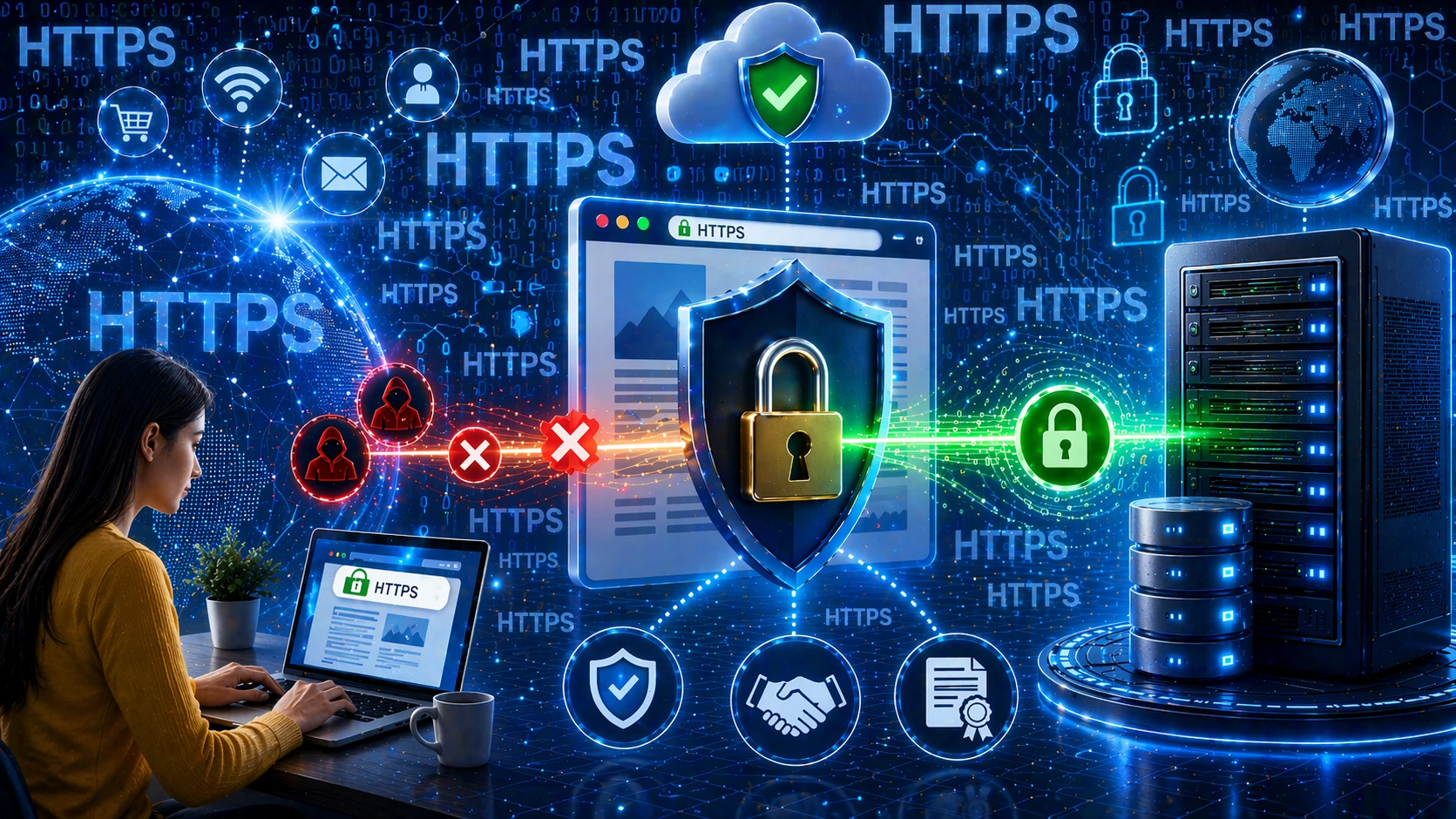 Browser securely connecting over HTTPS to a web server using TLS encryption and certificate validation