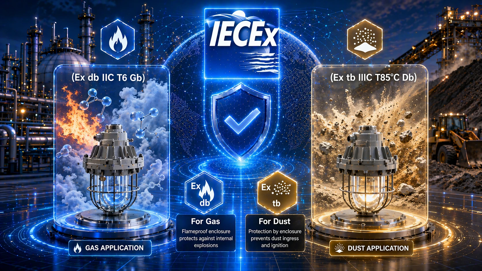 رسم تخطيطي يظهر هيكل معايير IECEx بما في ذلك IEC 60079-0 و14 و17 و31 وتصنيف المناطق الخطرة