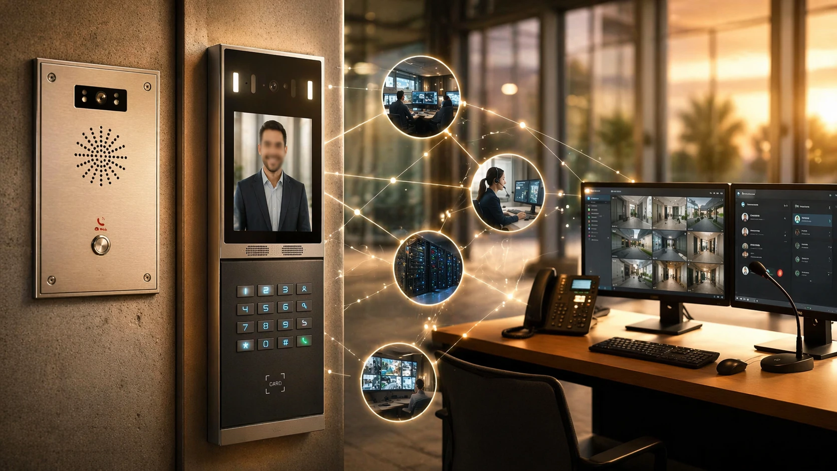 IP intercom terminal mounted at an entrance, connected to an Ethernet network, SIP server, indoor station, and access control platform