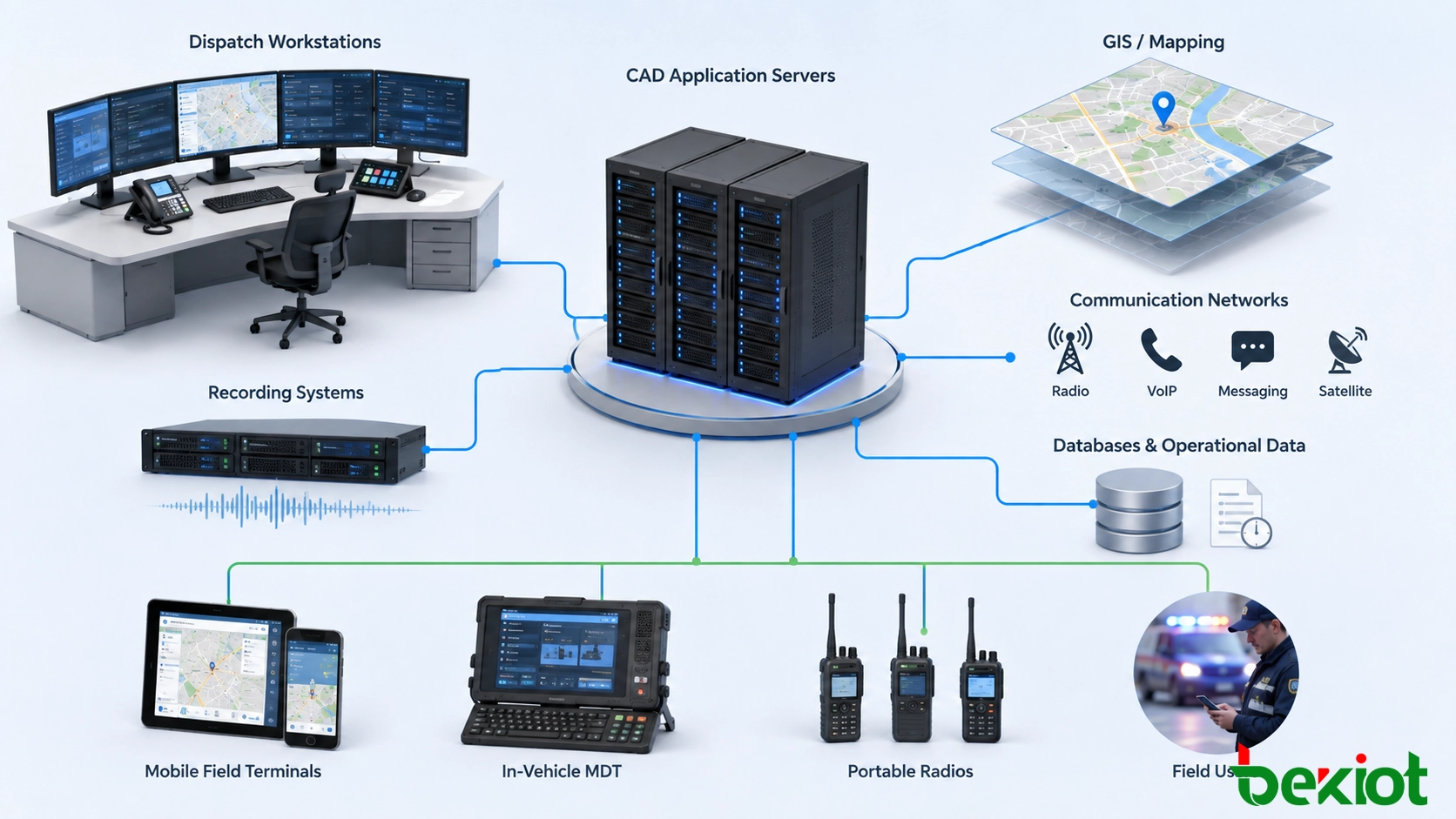 CAD system architecture connecting dispatch workstations, application servers, GIS maps, communication networks, recording systems, and mobile field terminals