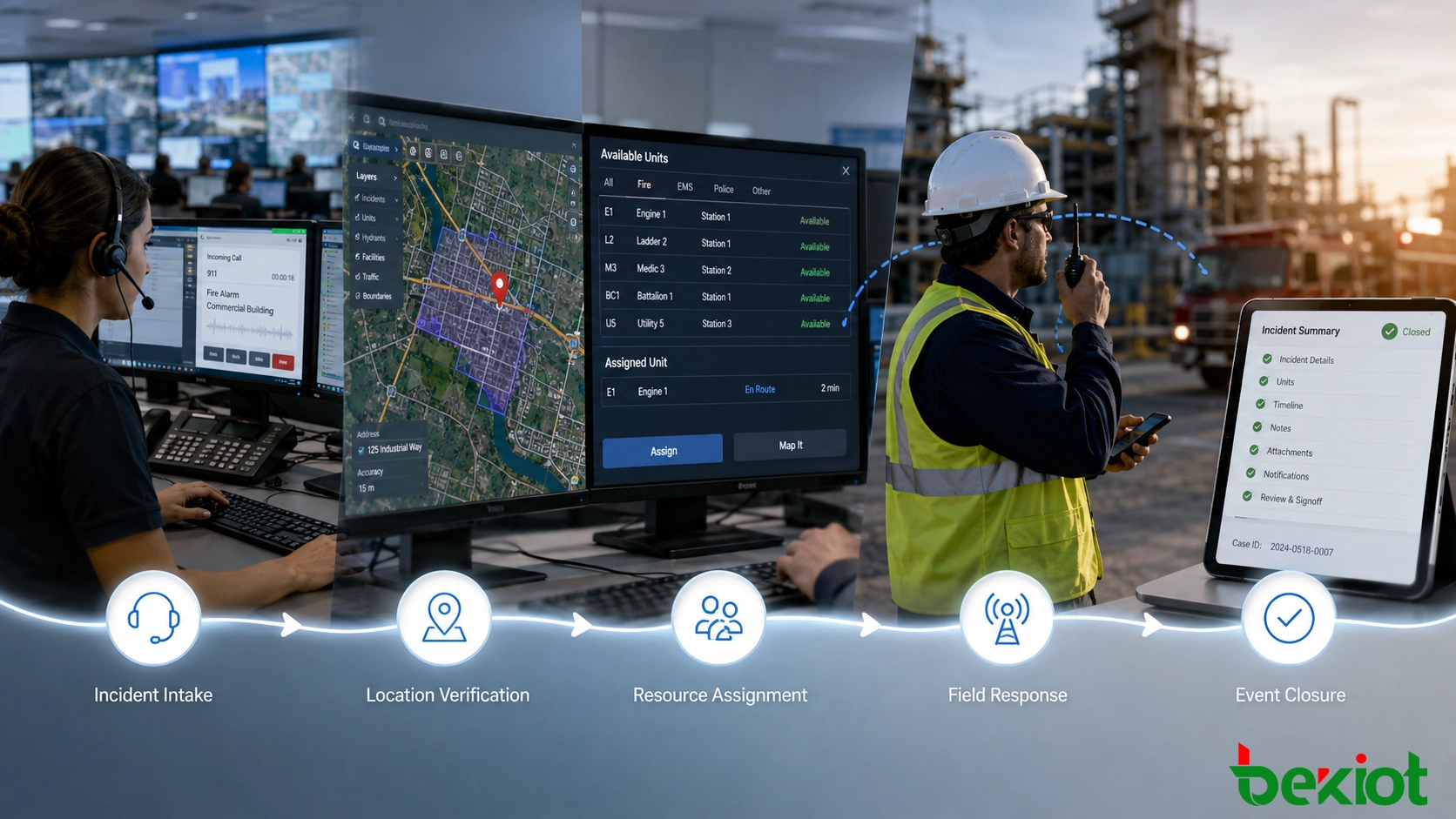 Computer-aided dispatch workflow showing incident intake, location verification, resource assignment, field response, and event closure