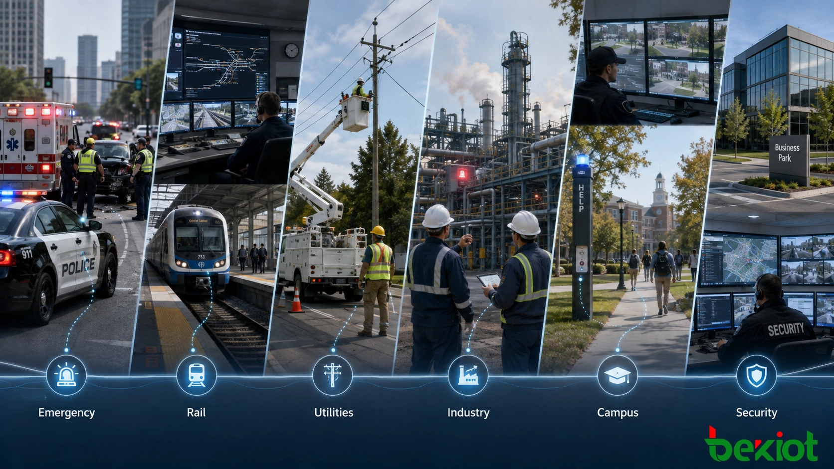 Computer-aided dispatch applications across emergency services, rail transportation, utilities, industrial facilities, campuses, and security operations