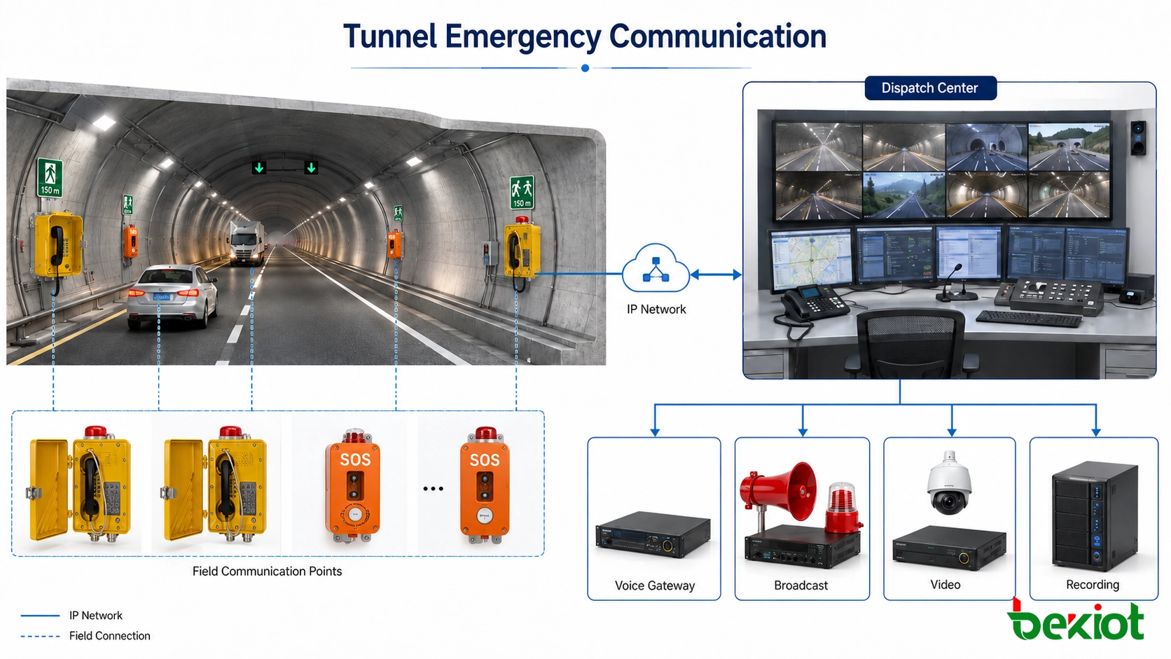 Highway tunnel emergency communication architecture connecting industrial telephones, emergency phones, dispatch console, voice gateway, dispatch server and recording system