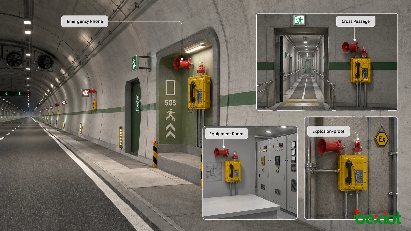Highway tunnel field communication deployment with industrial weatherproof telephone, emergency help phone and explosion-proof telephone at special hazardous locations