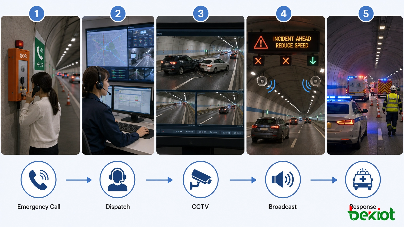 Highway tunnel emergency response workflow linking emergency telephone, dispatch console, video surveillance, broadcasting and audible visual alarms
