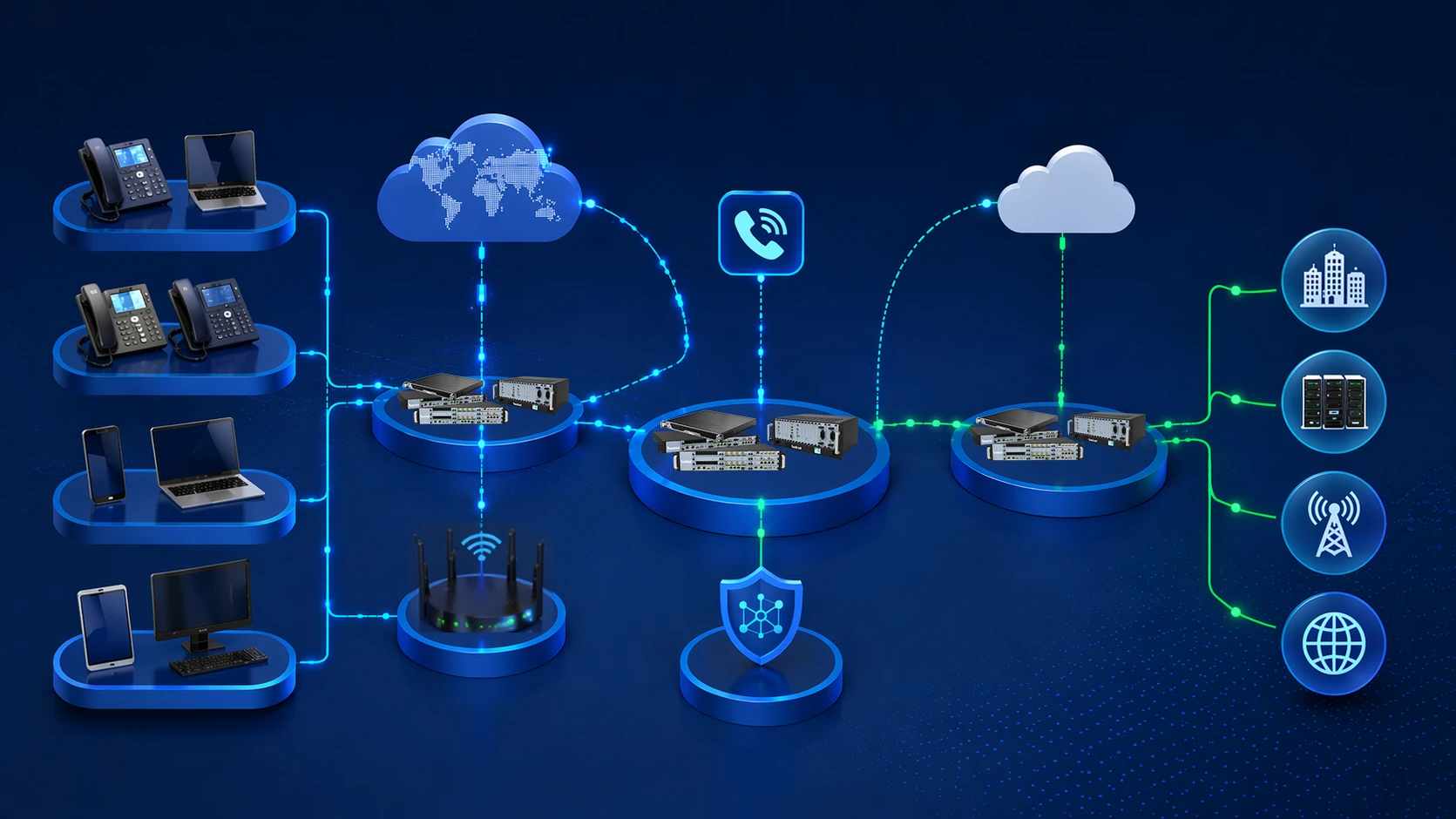 بنية نظام IP PBX المؤسسي تربط الهواتف المكتبية والأجهزة المحمولة والحواسيب المحمولة وبوابات الشبكة والاتصالات السحابية والأمان ونقاط اتصال المؤسسة