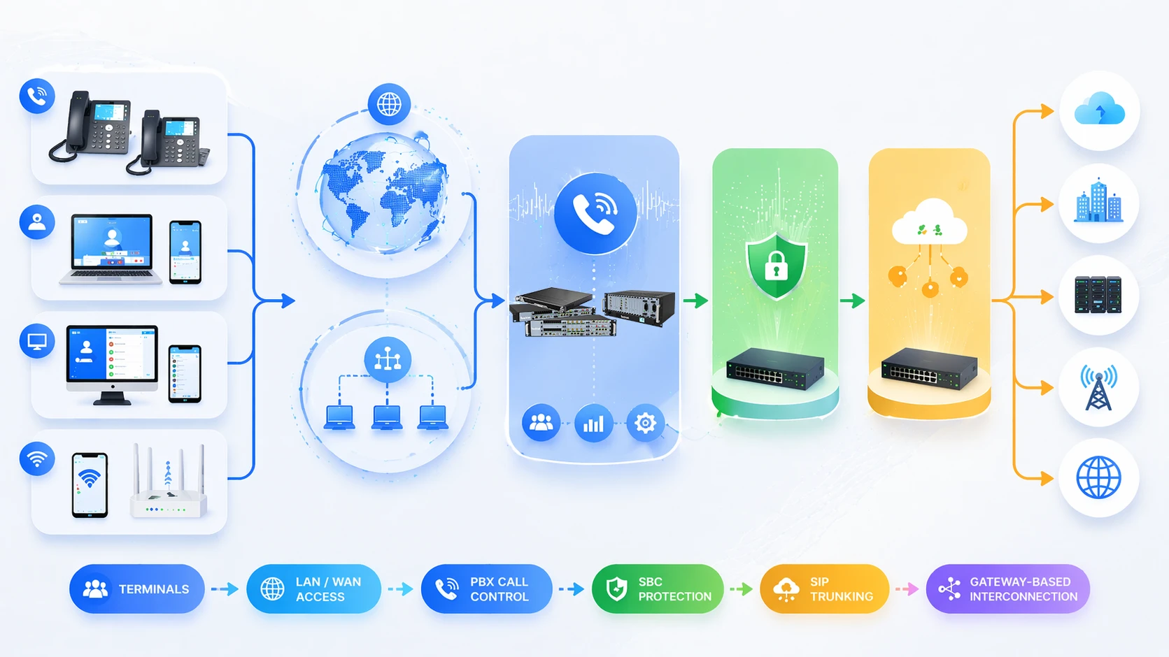 تدفق مكالمة IP PBX يظهر التحكم بالإشارات ونقل الوسائط الصوتية عبر شبكة IP المؤسسية