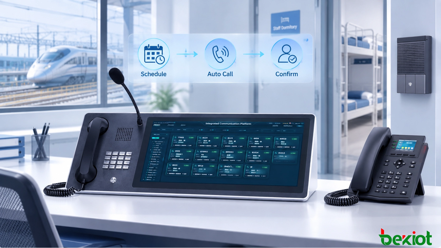 Smart wake-up call system showing scheduled staff notification, automatic telephone calling, confirmation status and exception task management